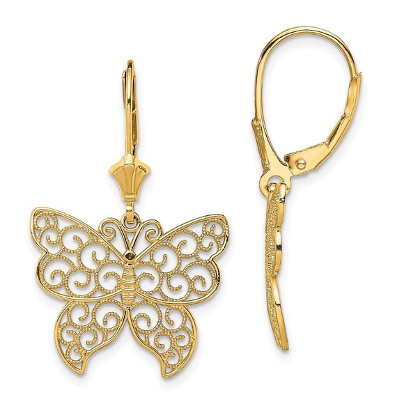 14k Yellow Genuine Gold Butterfly with Beaded Filigree Wings Leverback Earrings - Picture 1 of 4